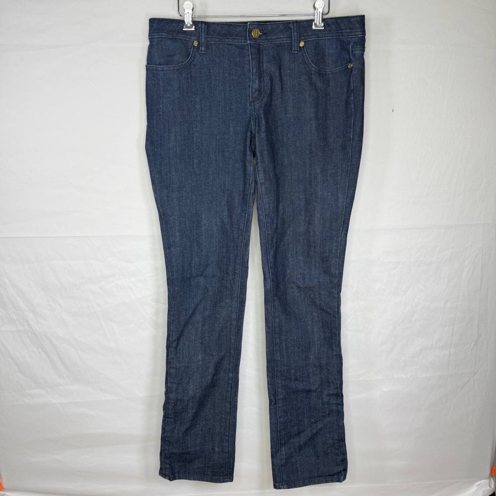 Tory Burch Cuffed Jean Women 31 Dark Blue Wash Straight Leg Gold Logo Denim